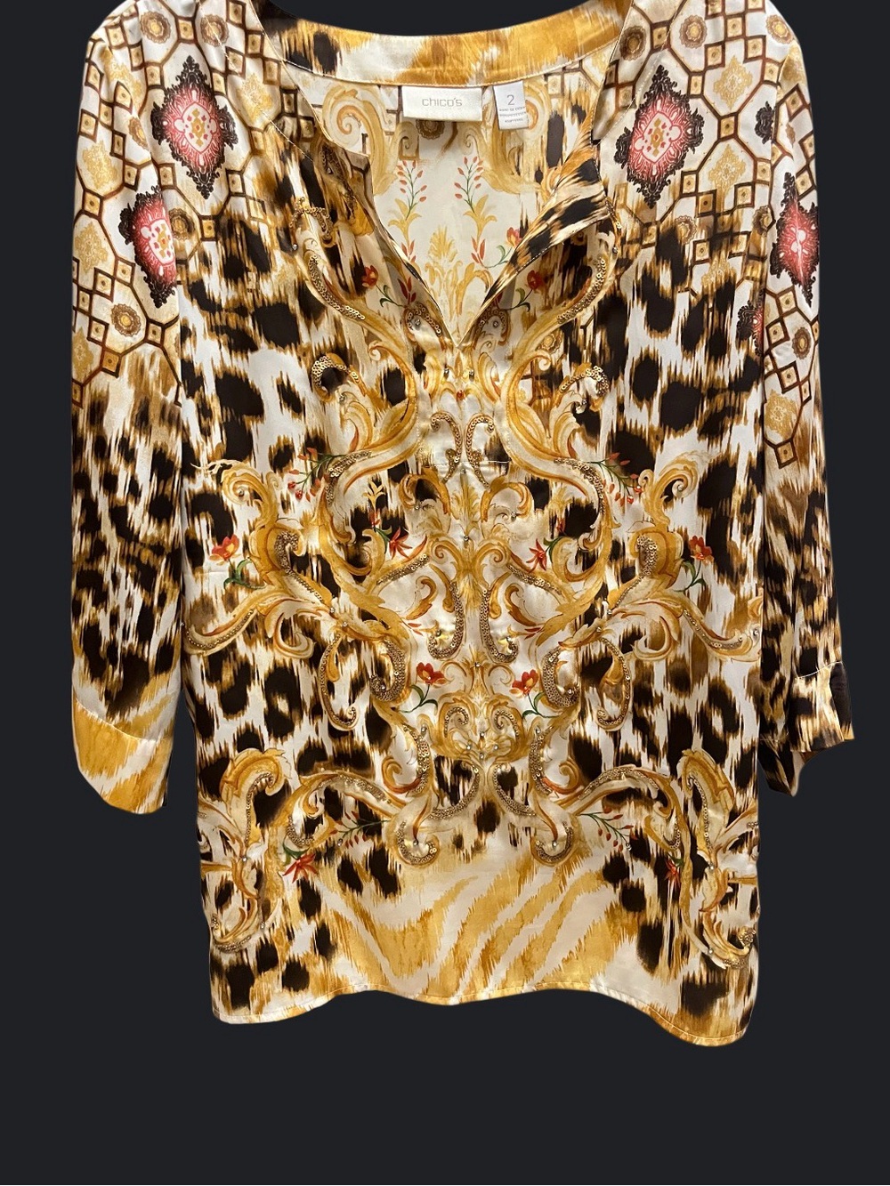 Chico's Gold, Black & Cream Animal-Print V-Neck Tunic